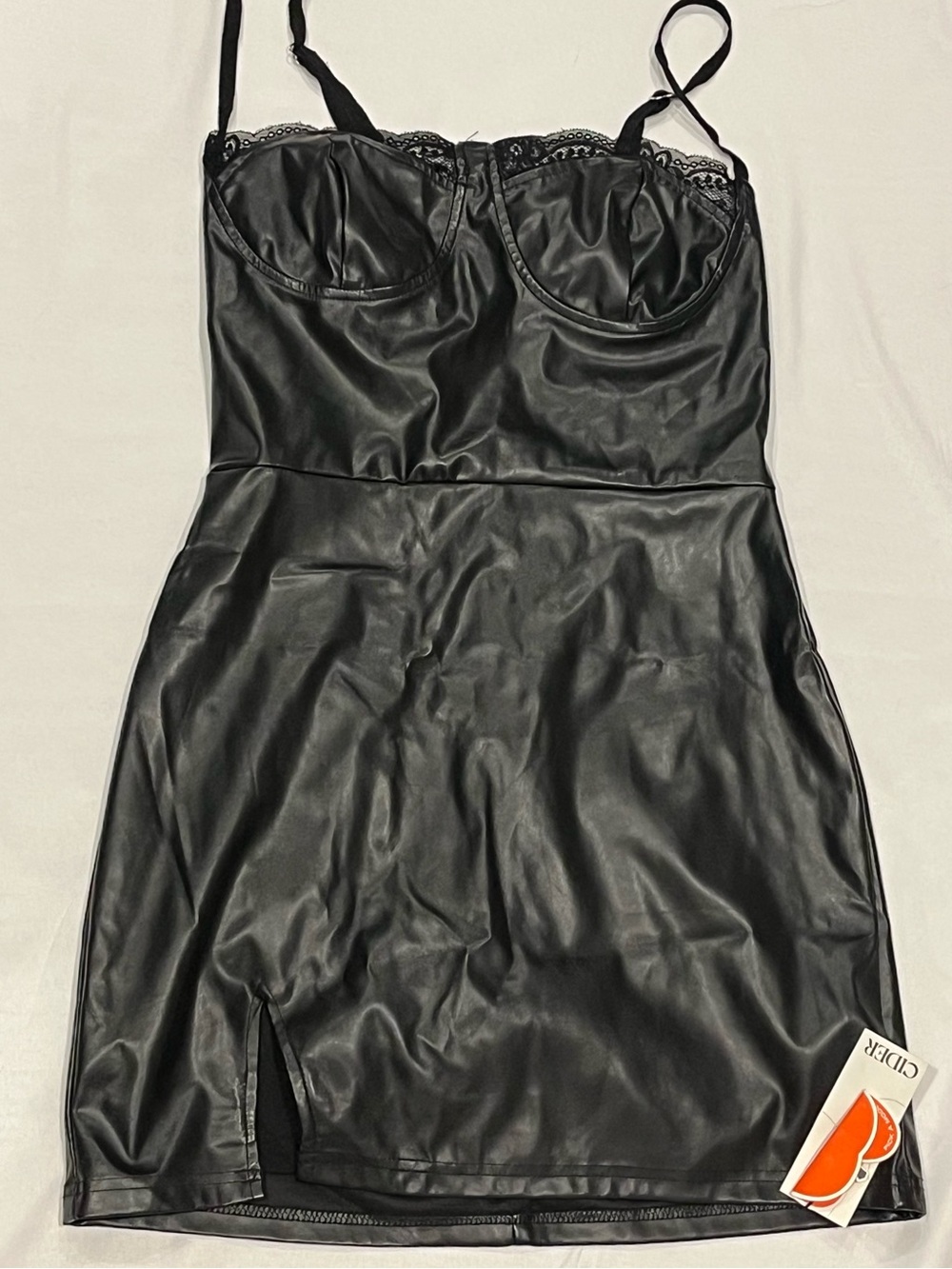 Black Faux Leather Slip Dress with Lace Trim